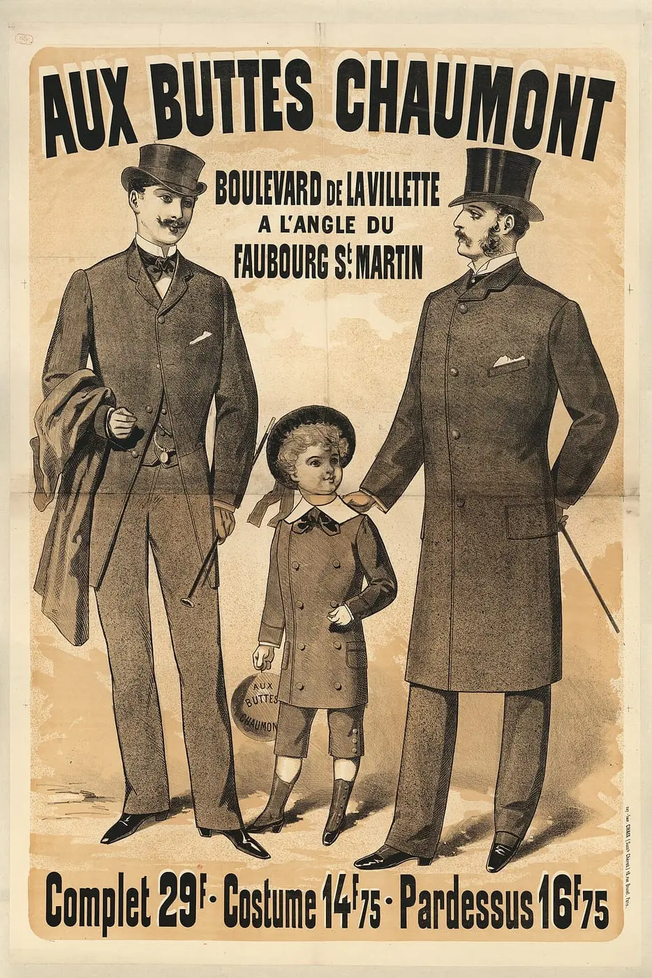 Aux Buttes Chaumont. Complet 29f.- Costume 14f75, Pardessus 16f75 by Jules Chéret, canvas print
