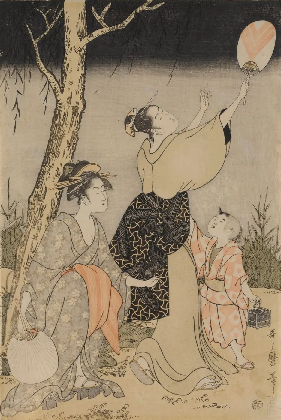 Catching Fireflies Beneath a Willow Tree by Kitagawa Utamaro, canvas print
