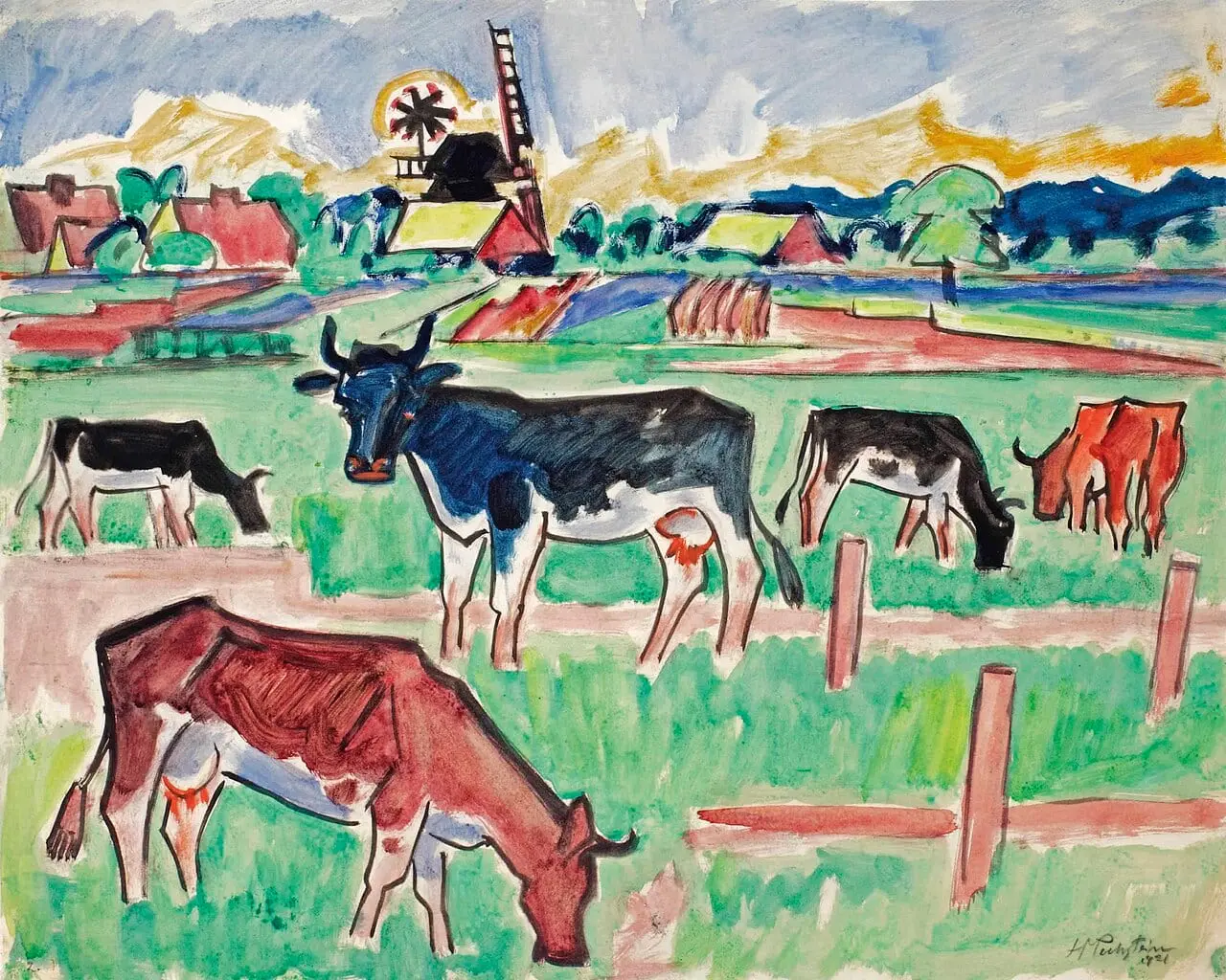 Cows in a meadow by Max Pechstein, canvas print