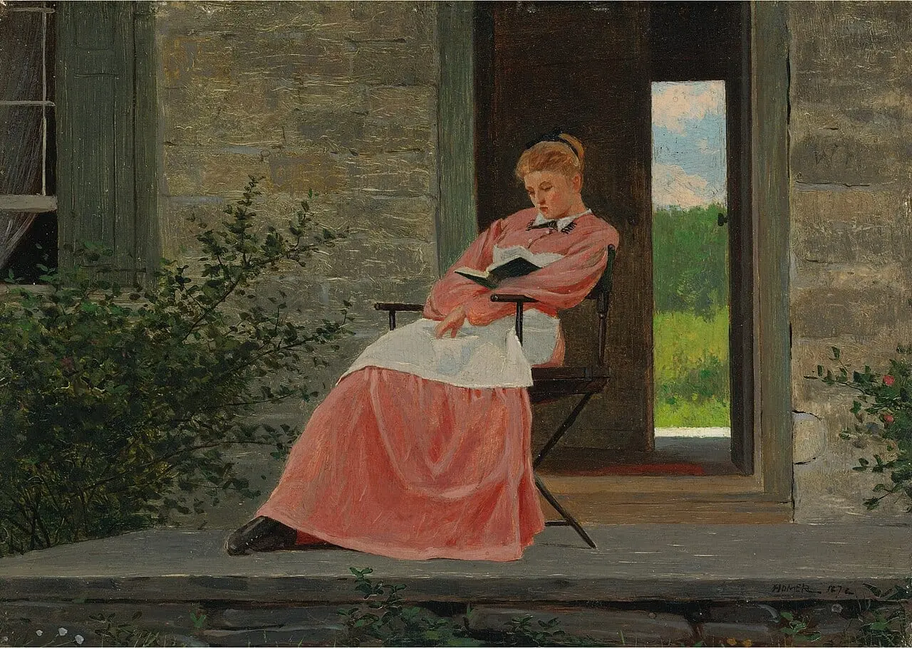 Girl reading on a stone porch by Winslow Homer, canvas print
