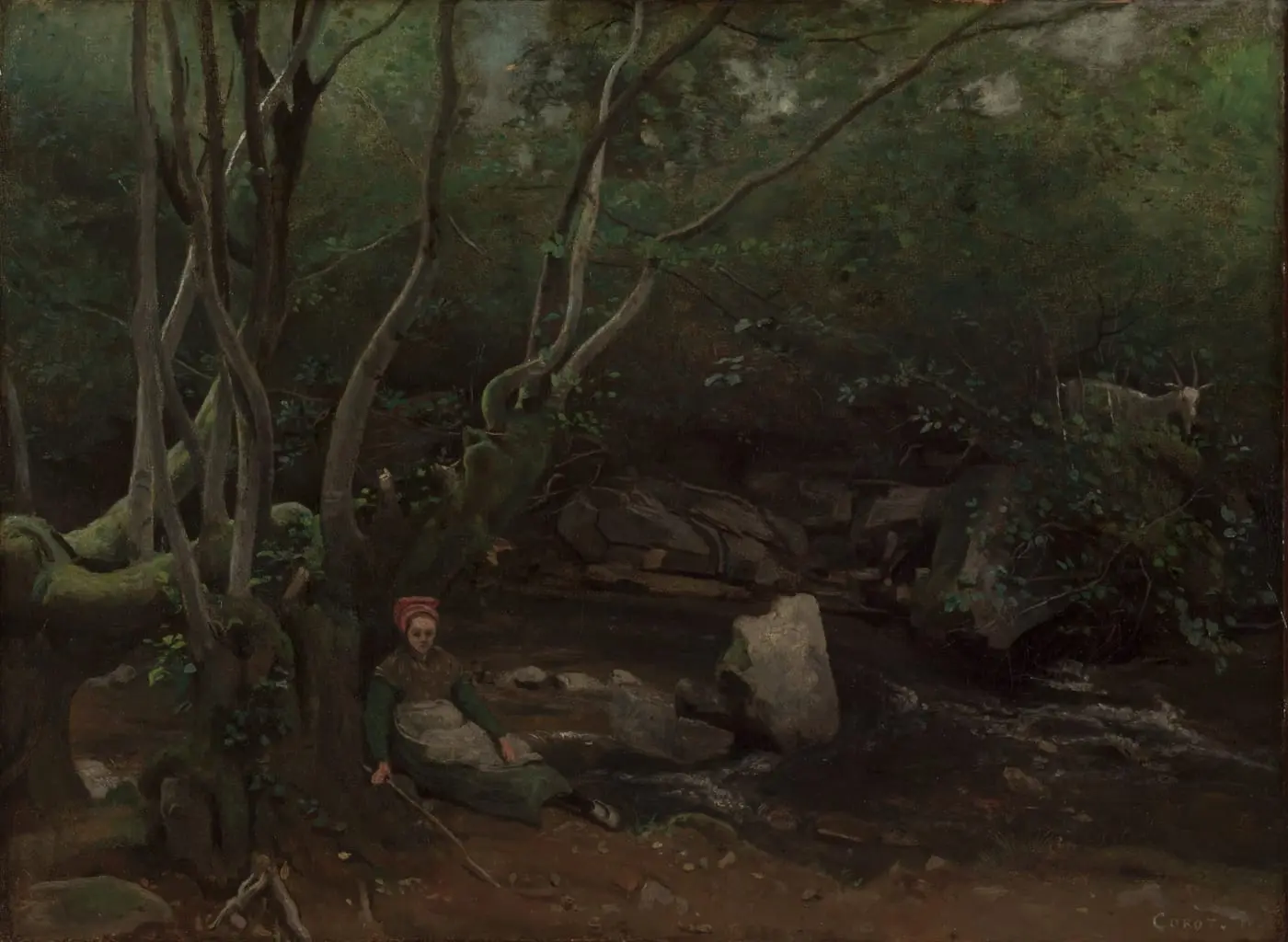 Lormes: Goat-Girl Sitting Beside a Stream in a Forest by Jean Baptiste Camille Corot, canvas print