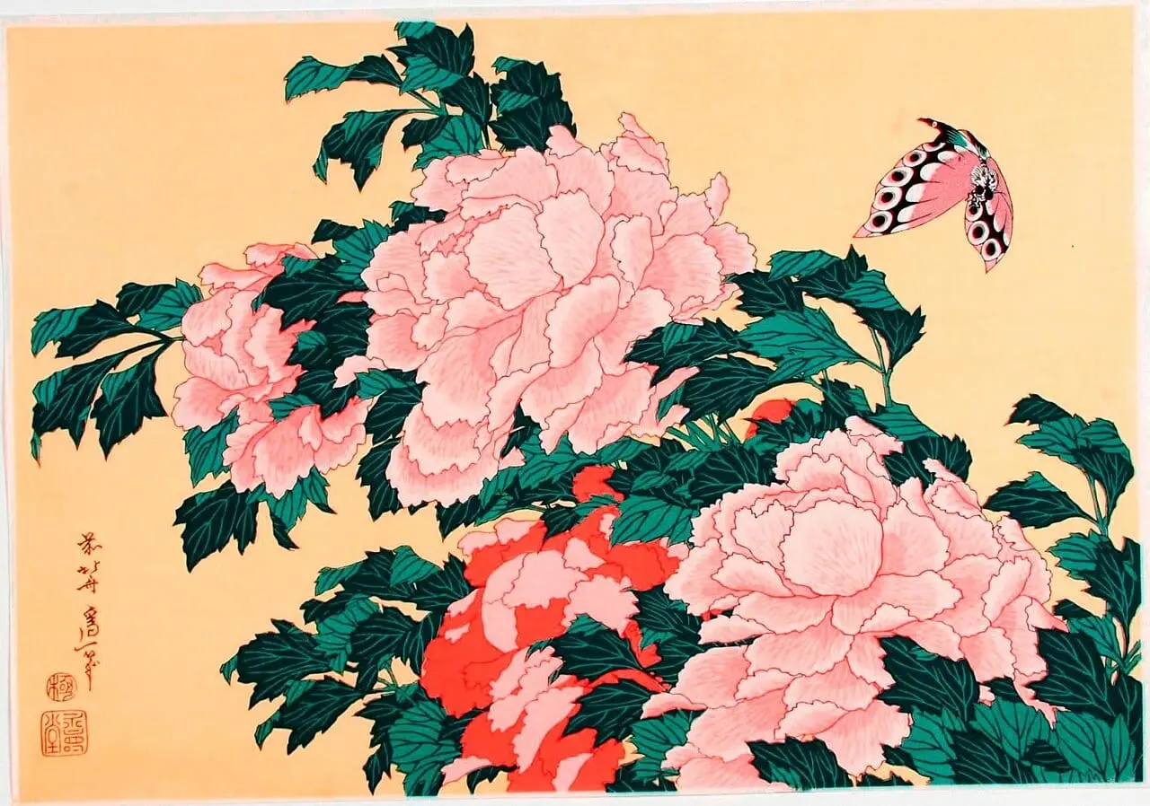 Pioenroos met bloesem by Katsushika Hokusai, canvas print