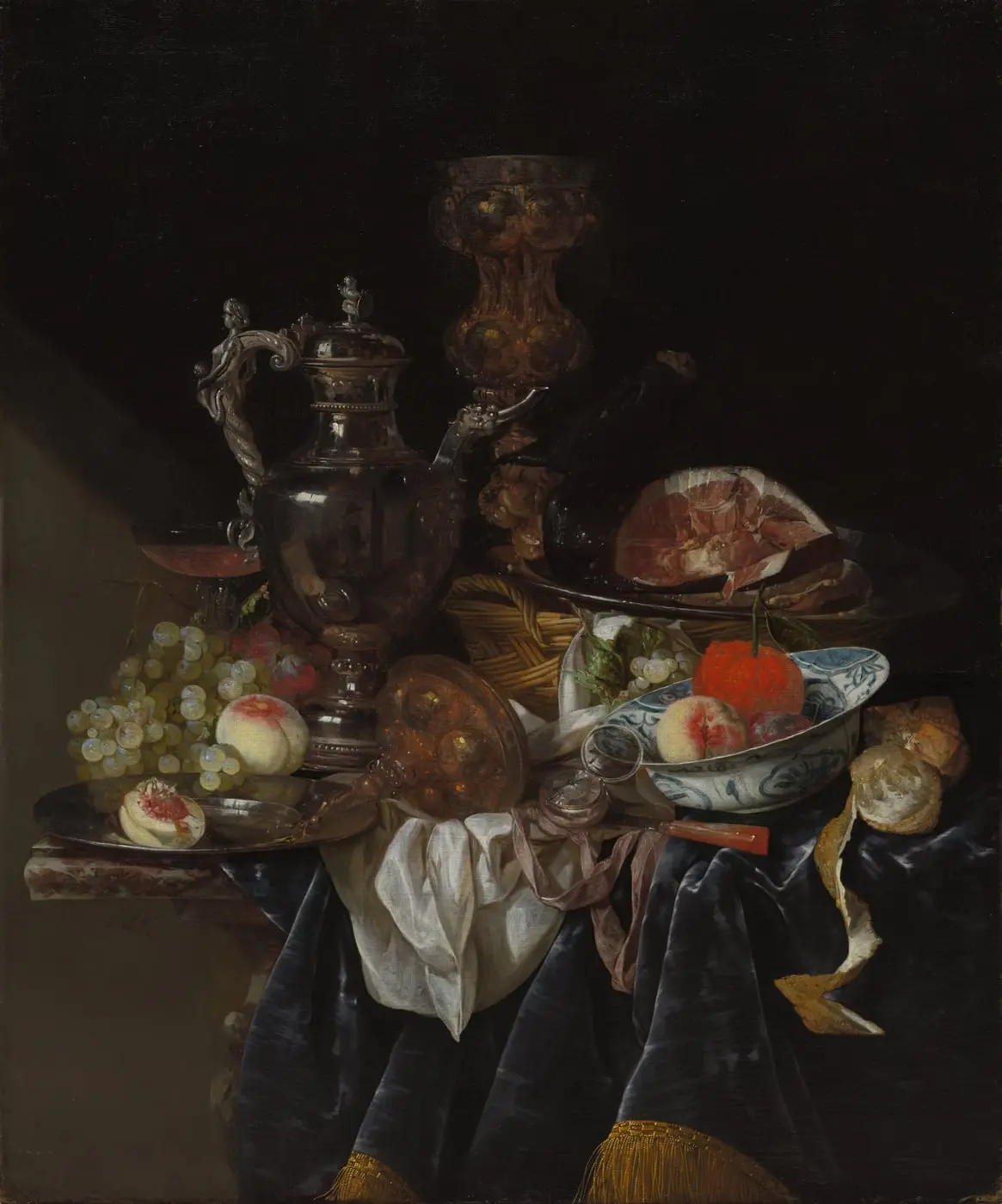 Silver Wine Jug, Ham, and Fruit by Abraham van Beyeren, canvas print