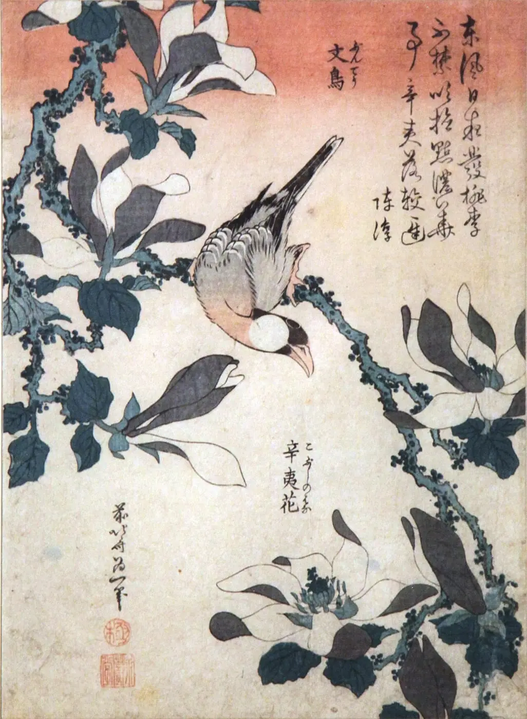 Sparrow and magnolia by Katsushika Hokusai, canvas print