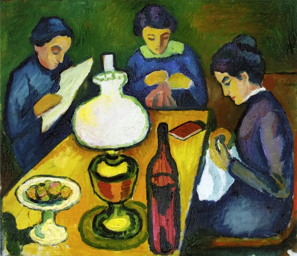 Three Women at the Table by the Lamp by August Macke, canvas print