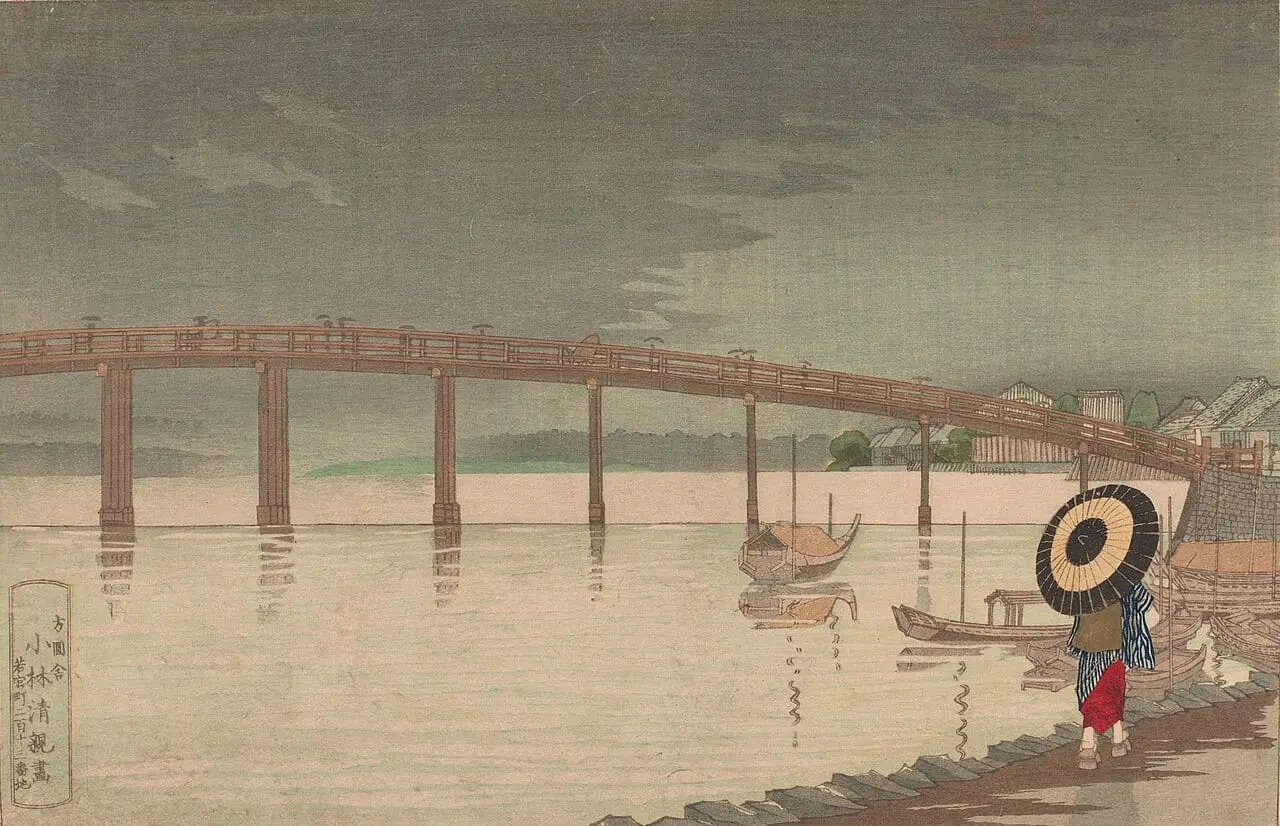 View of Tokyo's Shin-Ohashi bridge in Rain by Kobayashi Kiyochika, canvas print