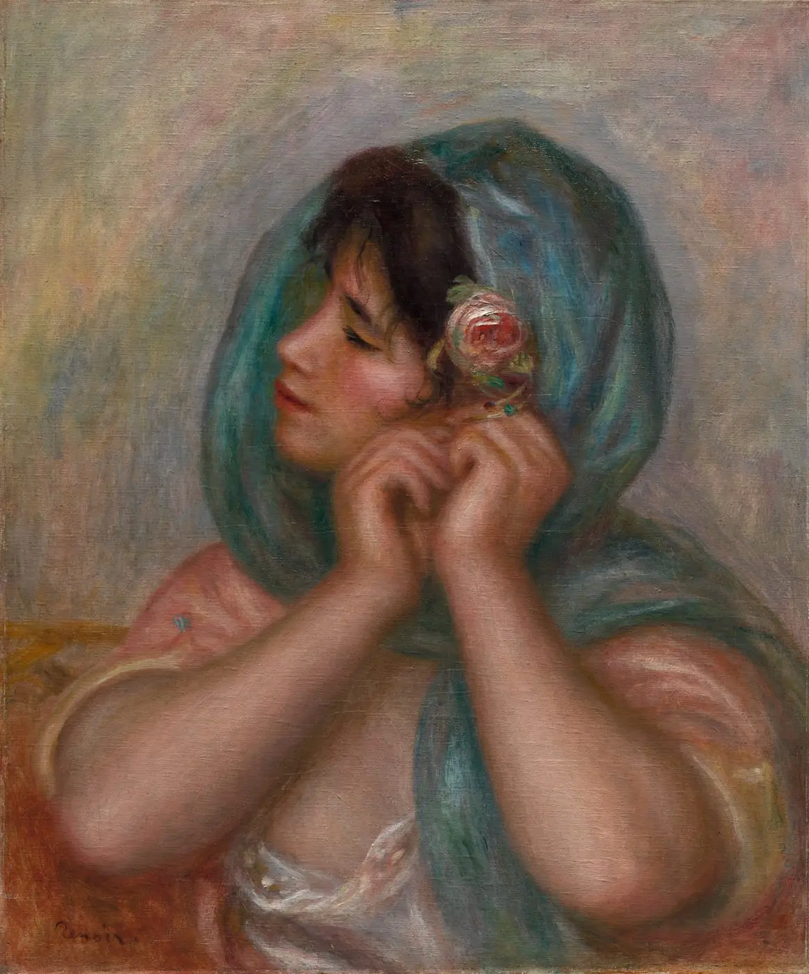 Young Woman Arranging Her Earring by Pierre-Auguste Renoir, canvas print